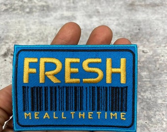 New Design, Blue & Gold "Fresh" (Me all the time) Patch w /Barcode, Iron-On Embroidered Applique; Patch for Clothing, Size 4"x3"