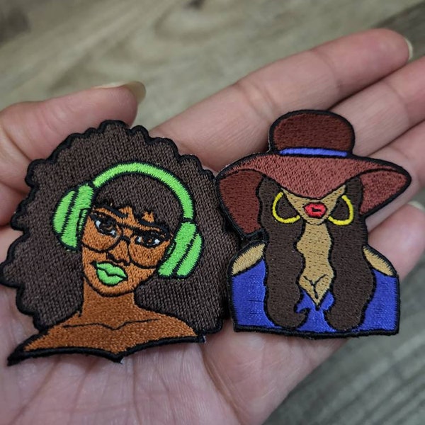 2-pc Set, Mini Patches "Headphone Chic & Fedora Cutie"|Size 2", Iron-on Patches for Shoes, Phone Cases, Makeup Bags, Clothing, Small Patch