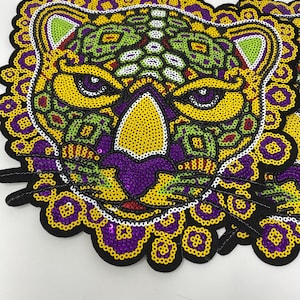 New Arrival, Purple, Green & Yellow Sequins &quot;Panther&quot; Head Iron-On Patch, Large Patch; Bling Patch, DIY Applique; Multicolor Patch, Size 9&quot;