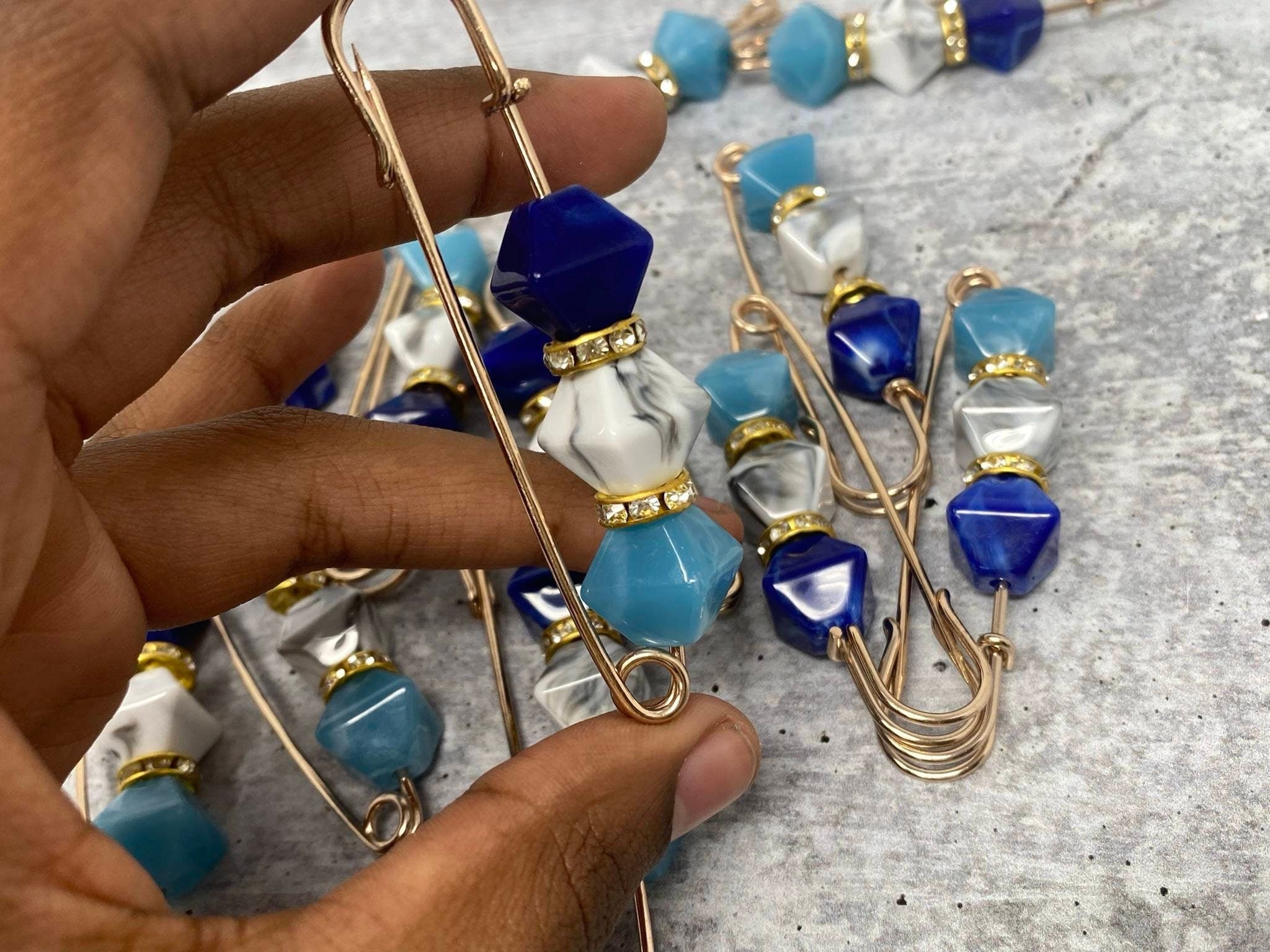 6-pc set, Shades of BLUE Resin Beads w/Gold Bling, Safety Pin
