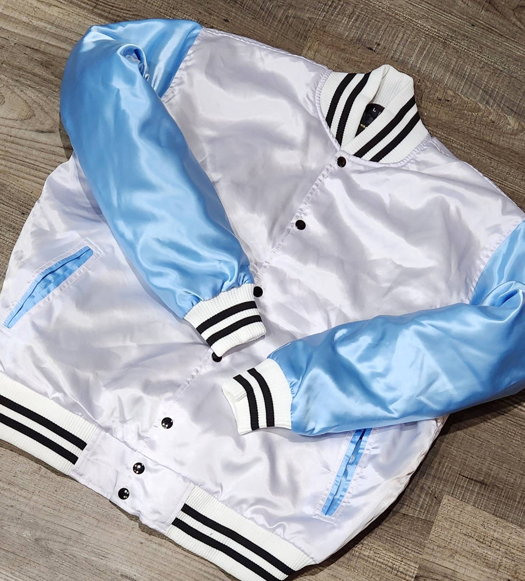 Women's Baby Blue Satin Bomber Varsity Jacket