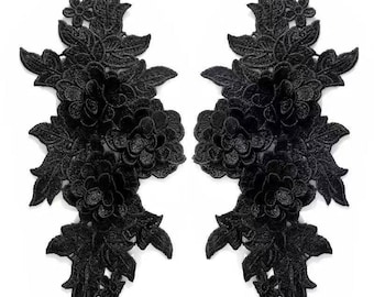 Patch Party Club, 2-pcs Jet Black "Petals" Lace Floral Appliqué Set,  Oversized 10” x 5” Statement Flowers | Sew or Glue On for Hats, DIY