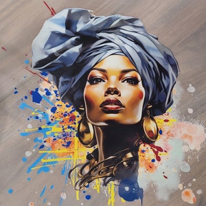 Patch Party Club, 12&quot;, &quot;Blue Headwrap Beauty&quot; met spetters (1 stuk) klaar om te drukken, DTF-overdracht, kledingdecoratie, T-shirtoverdracht voor pers