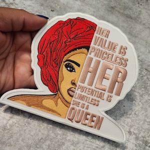 New, (1-pc) &quot;Her Value is Priceless&quot; Empowering Queen Iron-On Patch, Sz 6&quot;, Patch for Jackets & More, Gifts for African American Woman, DIY