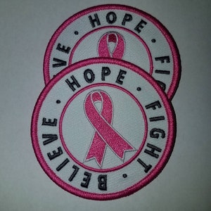 Breast Cancer Ribbon Patch 3&quot; Embroidered &quot;Hope, Believe, Fight&quot; (1 pc)  Iron or Sew-on, Cancer  Patch/Applique, Pink Grey, and White