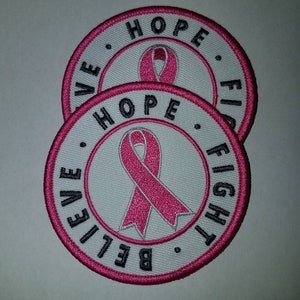 Breast Cancer Ribbon Patch 3" Embroidered "Hope, Believe, Fight" (1 pc)  Iron or Sew-on, Cancer  Patch/Applique, Pink Grey, and White