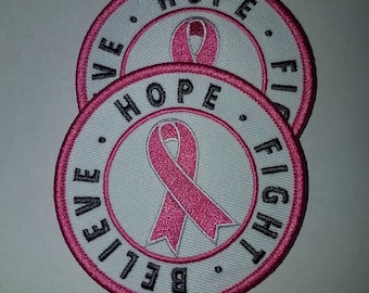 Breast Cancer Ribbon Patch 3" Embroidered "Hope, Believe, Fight" (1 pc)  Iron or Sew-on, Cancer  Patch/Applique, Pink Grey, and White