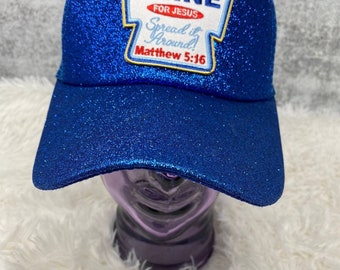 New, Blue, "Mayo Light Shine" Messy Bun/Ponytail Hat, Glitter Hat, Bad Hair Day Hat, Gift for Her, Fashion Hat, Inspirational Gifts for Her