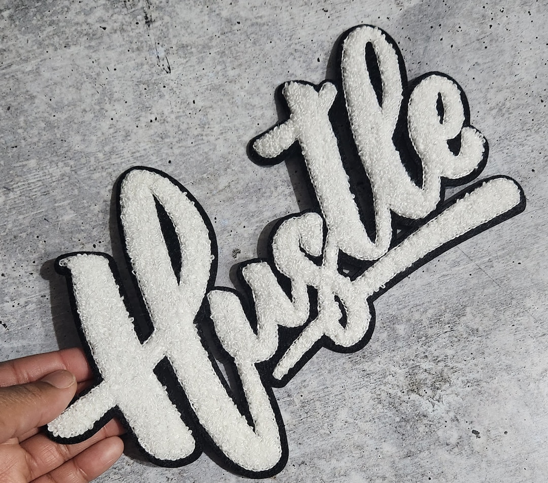 New SIZE, 1-pc, White & Black hustle Chenille Patch, SEW-ON or Glue On ...