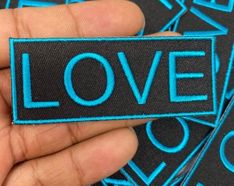 Popular Patch, Turquoise & Black |"LOVE" Iron-on Embroidered Patch; Statement Patch, Size 3" x 1.75", Small Jacket Patch, DIY Craft Supplies