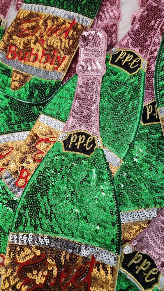 NEW, Sparkling Bubbly - 12" Iron-on, Sequins and Embroidered Wine Bottle LARGE Patch Perfect for Denim Jacket, Shirts, Hoodies, and More