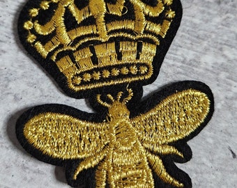 Patch Party Club, "Gold Crown Bee" (1-pc) Metallic, Jacket Patch, Embroidered Applique Iron On Patch, Size 3", Trucker Hats, Clothes & Crocs