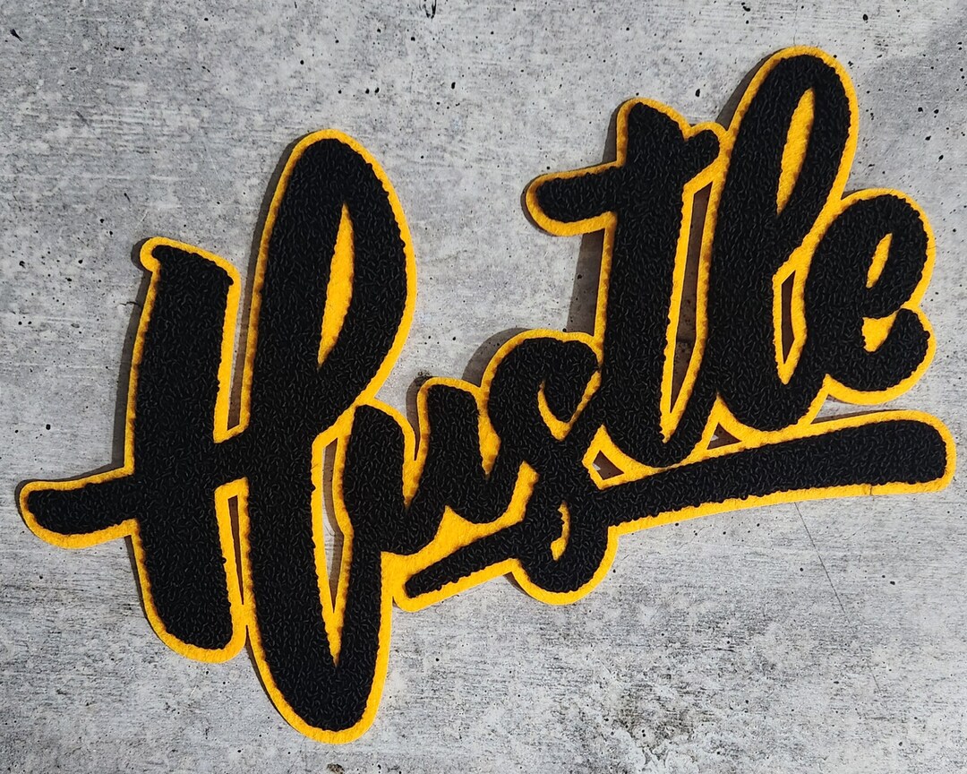 New SIZE, 1-pc, Black & Gold hustle Chenille Patch, SEW-ON or Glue On ...