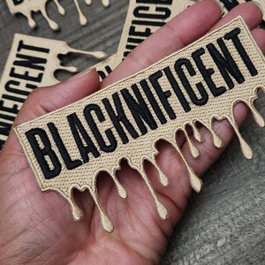 New, Embroidered Patch Beige "BLACKNIFICENT" Iron-On Afrocentric Patch, Patch for Jackets, Hats, Crocs, and More, Size 5"x3"