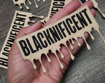 New, Embroidered Patch Beige "BLACKNIFICENT" Iron-On Afrocentric Patch, Patch for Jackets, Hats, Crocs, and More, Size 5"x3"