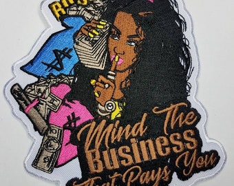 New SIZE, Mind the Business That Pays You, 4" Iron-on Patch,Applique for Clothing, Glam Girl, Girl Boss Patch for Hats, Crocs, and Jackets