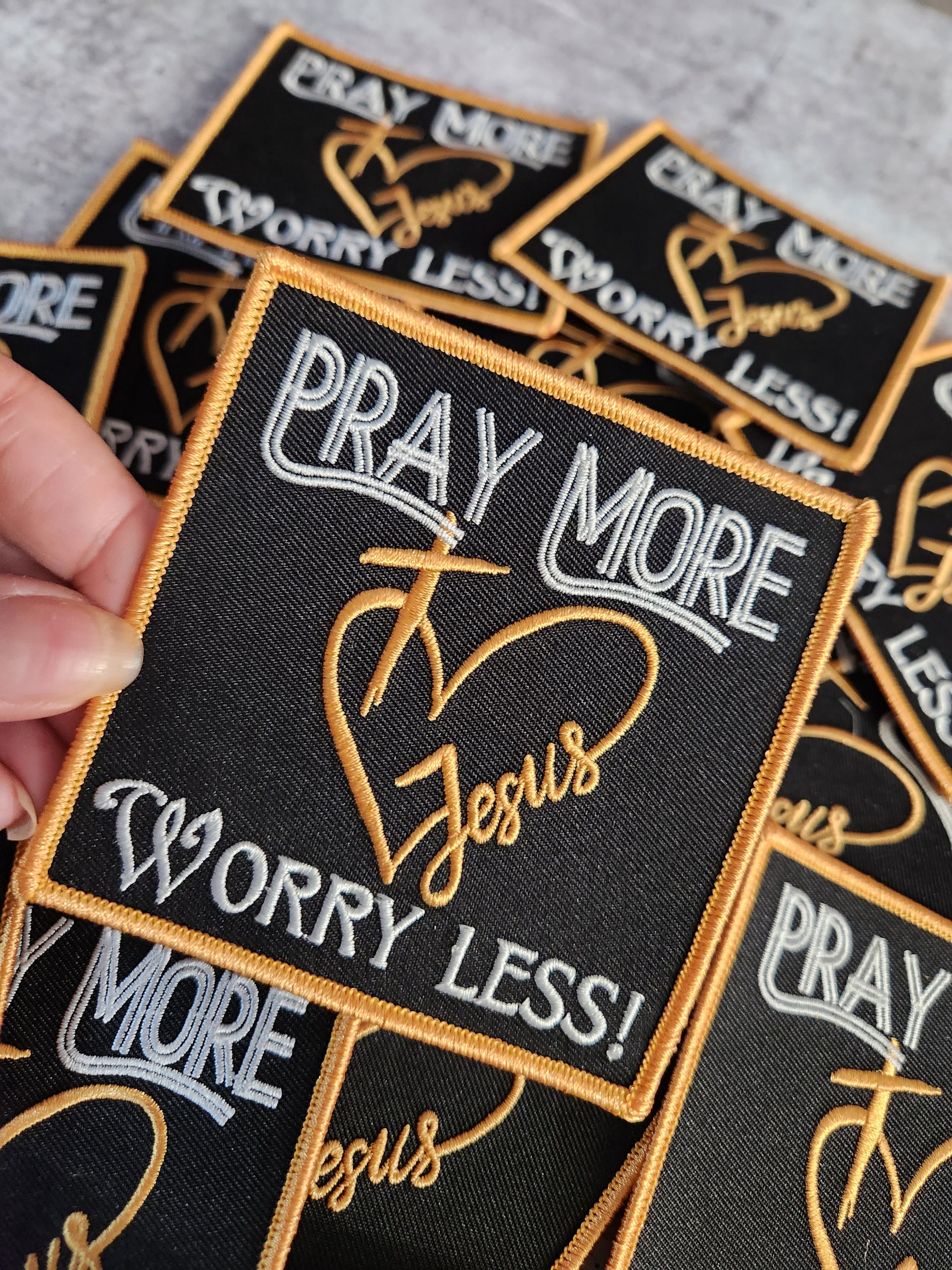 Patch Party Club, (1-pc) "Pray More Worry Less" Iron-On Embroidered Patch with Jesus Symbol, 4"x4", Inspirational Quote, Patch for Clothes