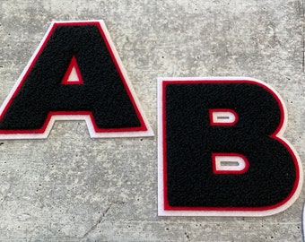 Varsity Patches, Black Chenille/Red/White, Chenille & Felt Letters, 1-pc, Choose Your Letter, A to Z Patch, Sew or Iron-on, Size 4.5"