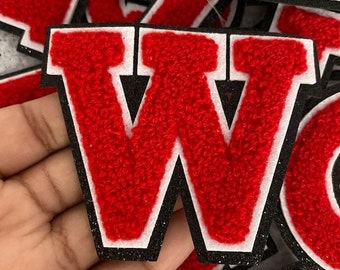 New Arrival, RED Chenille, Black Glitter, w/White Felt, Size 2.75&quot; Varsity Letter Patch with Iron-on Backing, Chenille Letters, A-Z Letter