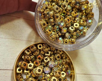 BULK: 6oz Jar Sparkling 8MM AB GOLD "Rhinestone" Rivets for Pearl Setting Machine, Easy to Apply, Great For Denim, Clothing Brands