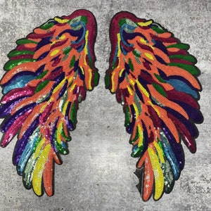 Multi-Color &quot;Orange Kaleidoscope&quot; Exclusive Sequins Angel Wings, Large Wings (iron-on) Size 13&quot;, Sparkly Patch for Denim Jacket, Shirts