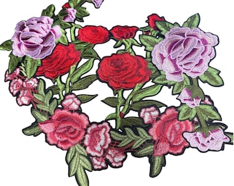 Patch Party Club (6-Pc. Set) Floral Embroidered Patches, Red Purple Pink Rose Iron On Appliques, Flower Patches for Jackets Jeans Bags