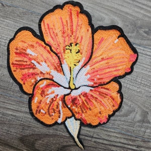 NEW 1-pc, 10&quot; ORANGE Sequins and Embroidered Flower, Vibrant Embroidered Sew-on Floral Patches, Large Patches for Clothing