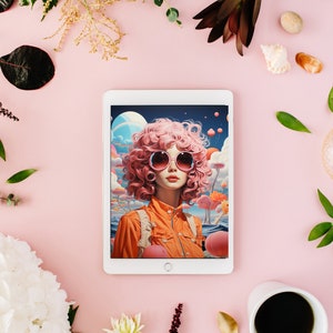 Downloadable: Beautiful &quot;Pink Hair&quot; Woman Art, Digital Art Download, Charming Printable Sticker/Poster/Art for Home Decor & Crafts