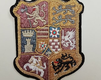 Heraldic, (1-pc) Pink/Blue/Gold Metallic Crest, DIY, Embroidered Iron On Patch, Applique for Jackets, Bags, Hats