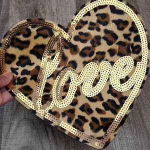 Sparkling Velvet & Sequins Leopard "Love" Heart, Size 10"x9" Sew-On Applique for Clothing and Accessories, Fuzzy Patch, Large Jacket Patch