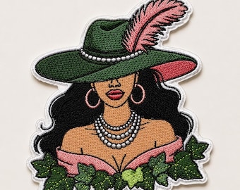 Patch Party Club, (1-pc) Ivy Hat Babe Embroidered Patch, 4" Iron-On Patch w/ 3M Adhesive Backing, Green Hat Fashion Patch, Pink & Green