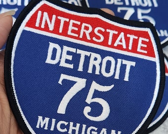 Collectable 1-pc, "DETROIT 4" Interstate 75"  Iron-On Embroidered Patch; Popular Michigan Emblem, Red/White/Blue Badge, Patch for Jackets