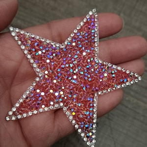 New, Hot Pink AB Rhinestone &quot;Star&quot; Bling Patch, Size 3&quot;, Cool Applique For Clothing, Iron-on Patch, Small Patch for Jackets, DIY Projects