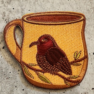 Patch Party Club, &quot;Bird COFFEE Cup&quot; (1-pc), Size 3&quot;, Embroidered Iron-on Patch, Coffee Lover Badge, DIY Applique for Clothing, Hats, Crocs