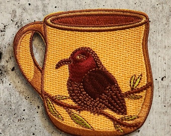 Patch Party Club, "Bird COFFEE Cup" (1-pc), Size 3", Embroidered Iron-on Patch, Coffee Lover Badge, DIY Applique for Clothing, Hats, Crocs
