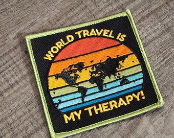 New "World Travel is My Therapy" Iron-on Patch, Size 3"x3" with Vibrant Globe, Embroidered Patch for Jackets, Hats, & Crocs, Small Patch