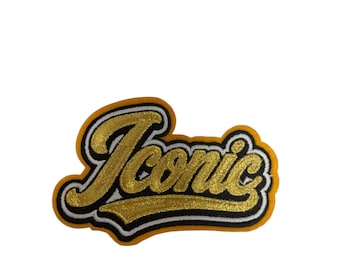 Patch Party Club (1-Pc.) "Iconic" Gold Embroidered Patch, Metallic Gold Iron On Patch, Statement Word Patch, Jacket Hat Bag Patch