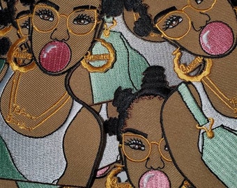 Exclusive, Size 4", 1-pc Cool "Bubble Pop" Pink Bubble Iron-on Embroidered Patch; Hip-hoppin', Bubble Poppin' Queen, Black Girl Magic Patch