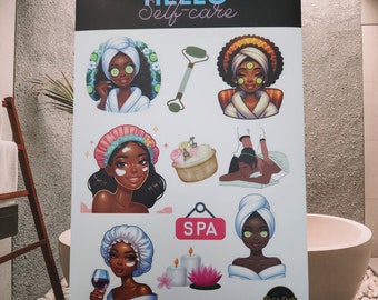 Black Girl Spa and Wellness "HELLO SELF-CARE" Planner Sticker Sheet, Self-Care Stickers, Black Girl Stickers, 11-pc Journal Stickers