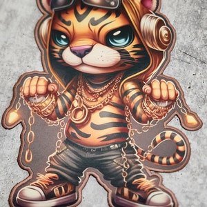 May include: A cartoon tiger wearing a yellow hoodie, sunglasses, and gold chains. The tiger is holding two gold chains in its paws and has a black and orange striped tail.