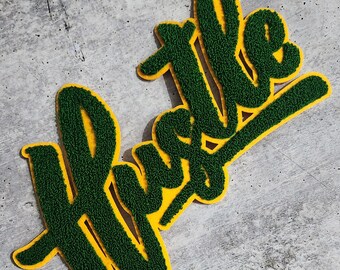 New SIZE, 1-pc, Green & Gold "Hustle" Chenille Patch, (SEW-ON or Glue On) Size 9"x6.5", Varsity Patch for Denim, Camos, Hoodies