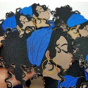 Fly Nubian Blue &quot;Head Wrap,&quot; 4-inch, Iron-on Embroidered 3D Afrocentric Patch; Cute Black Girl Patch