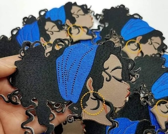Fly Nubian Blue "Head Wrap," 4-inch, Iron-on Embroidered 3D Afrocentric Patch; Cute Black Girl Patch