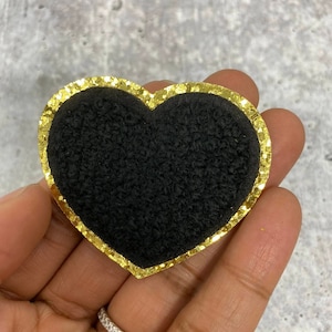 Nuevo: Parche de chenilla "Corazón" negro con purpurina dorada (1 pieza), tamaño 2.5", con reverso termoadhesivo, parche termoadhesivo afelpado para niñas, parche pequeño.