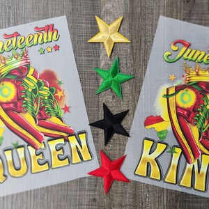May include: Two iron-on patches with a Juneteenth theme. The patches feature a pair of red and yellow sneakers with green laces and a crown. One patch says "Queen" and the other says "King".
