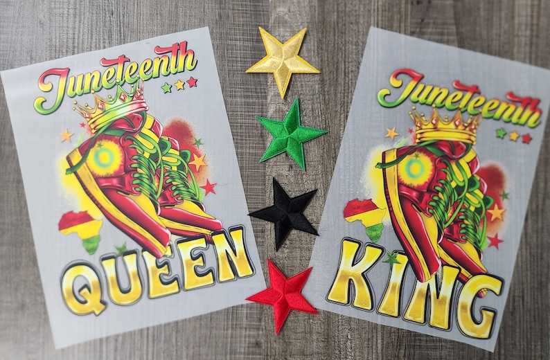 May include: Two iron-on patches with a Juneteenth theme. The patches feature a pair of red and yellow sneakers with green laces and a crown. One patch says "Queen" and the other says "King".