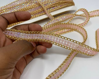 New, Rhinestone Bling TRIM By The Yard, With Gold Chain, Adhesive Backed, Iron-on Trim for Clothes and Accessories, 3 Color Options, 1 Yard