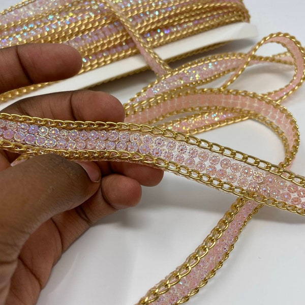 Neu, Strass Bling TRIM Schüttgut, mit Goldkette, Klebstoffrücken, Aufbügler für Kleidung und Accessoires, 3 Farboptionen, 1 Yard