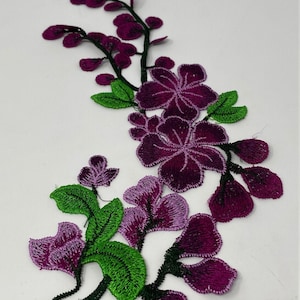 NEW, 2 Pc., Purple Lace Flowers with Leaves and Stems, Sew-on Lace Flower Set, Great for Shoes, Denim,Jackets, Sweaters, Etc. Size 12 inches