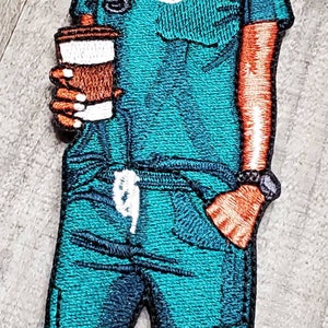 Exclusive, "Nurses Care a’Latte (Teal Scrubs)", 100% Embroidery, Size 4", Iron-on Applique, DIY Patch for Clothing & Shoes